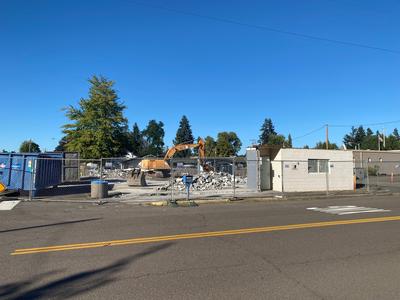 Demolition Week 2 - Day 1 - Just a few piles of bricks and the last exterior walls and door.